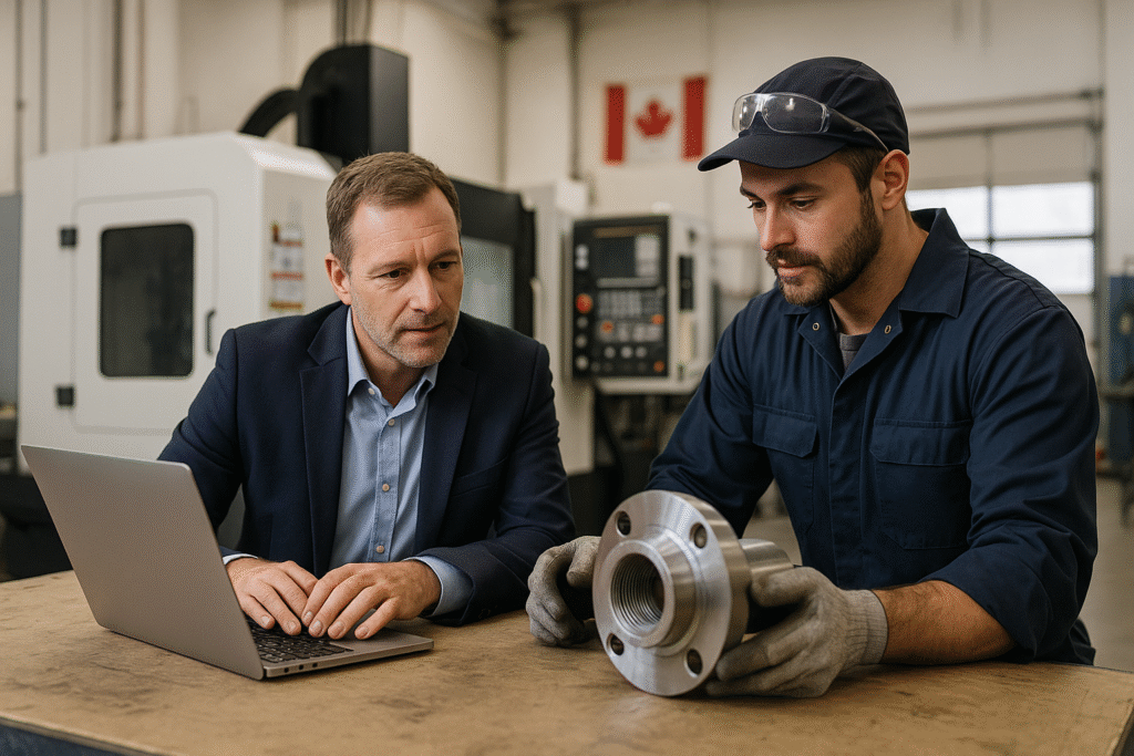 Two men collaborating in a Canadian CNC machine shop