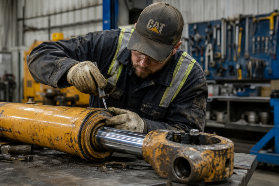 Hydraulic cylinder repair Calgary technician rebuilding heavy equipment hydraulic system